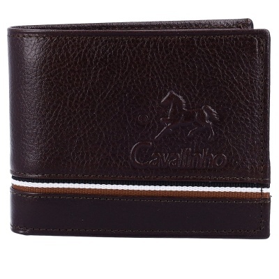 Carteira de pele castanha escura com faixa colorida e logótipo em relevo