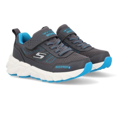 Sapatilhas cinzentas e azuis da Skechers com fecho de velcro e sola branca e azul