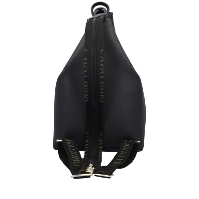 Mochila preta sintética com tiras pretas com texto dourado