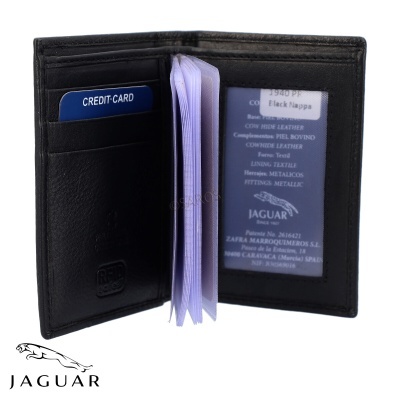 Carteira Jaguar preta em couro com compartimentos internos e cartão azul