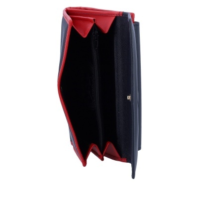 Carteira preta e vermelha aberta com compartimentos e fecho de zíper