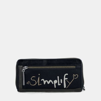 Carteira preta com texto simplif e fecho de correr prateado