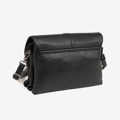 Mala preta de couro sintético com fecho de aba e alça ajustável