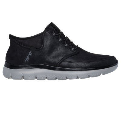 Ténis pretos Skechers Slip-Ins com sola branca e detalhes em tecido