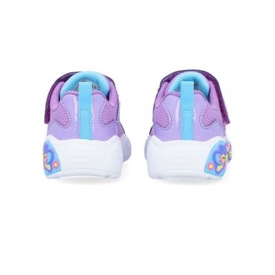 Sapatilhas infantis lilás e azul claro com sola branca e detalhes coloridos