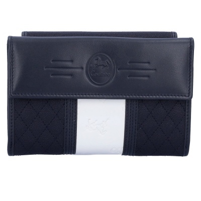 Carteira azul escura em tecido e pele sintética com faixa branca e logotipo Cavalinho em relevo