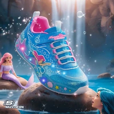 Ténis azul infantil com tema de sereia e fecho de velcro, colocado sobre rocha com fundo de água e figuras de sereias