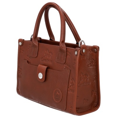 Mala de mão castanha em pele com padrão de cavalos em relevo