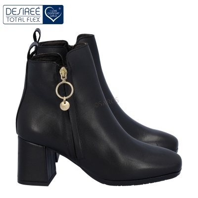 Botins pretos femininos em pele com fecho lateral dourado e salto quadrado