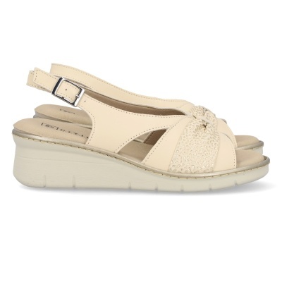 Sandálias bege claro com cunha e fivela metálica