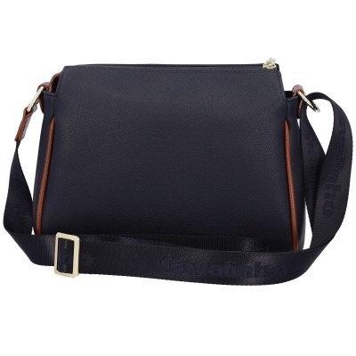 Bolsa de ombro preta com detalhes castanhos e alça larga ajustável.