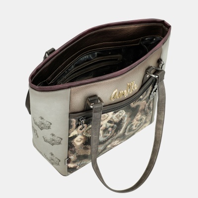 Mala de ombro com padrão animal print e detalhes em pele sintética cinza e castanha