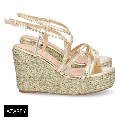 Sandálias de cunha douradas com sola em palha trançada