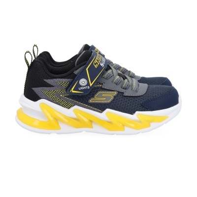 Ténis infantis azul escuro, cinza e amarelo com sola branca e amarela e fecho de velcro Skechers.