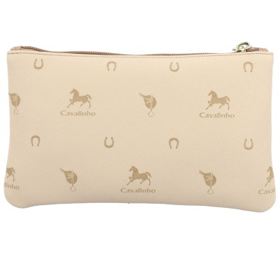 Estojos bege com padrão de cavalos, ferraduras e selas com texto Cavalinho