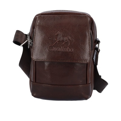 Mala pequena de ombro em pele castanha escura com logótipo Cavalinho