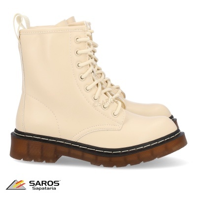 Bota ankle boot creme com sola grossa castanha e atacadores creme