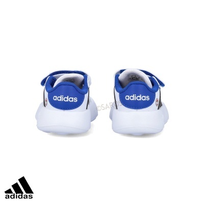 Ténis Adidas brancos com detalhes azuis para criança vistos de trás