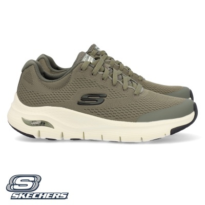 Ténis Skechers verde-oliva e bege com sola branca e logo preto