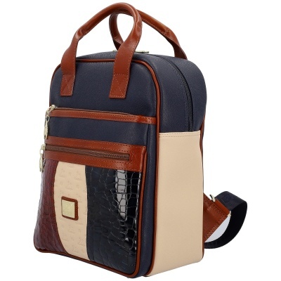 Mochila retangular pequena com várias cores e texturas