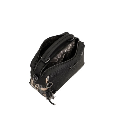 Bolsa de mão preta com padrão camouflage e texto Anekke no interior