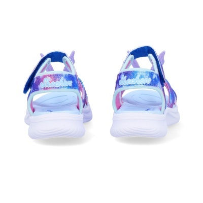 Sandálias Skechers roxas e azuis para crianças vistas de trás