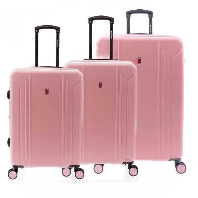 Conjunto de malas cor-de-rosa com rodas giratórias e pegas extensíveis pretas.