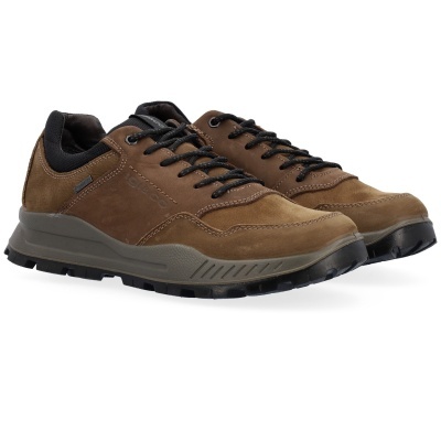 Sapatilhas castanhas de passeio com sola cinza e preta, atacadores pretos e etiqueta GORE-TEX.