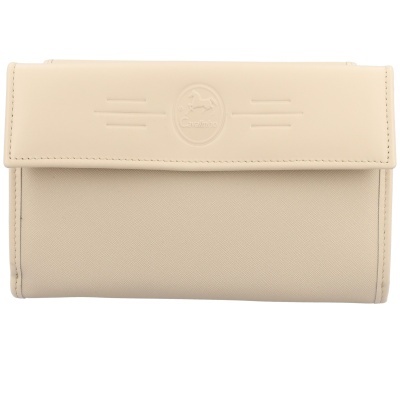 Carteira bege clara com aba lisa e corpo texturizado com logo Cavalinho em relevo