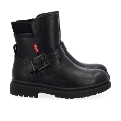 Botas pretas de pele com fivela e etiqueta vermelha LOVES