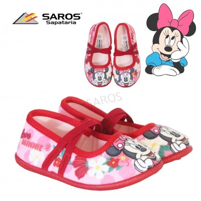 Sapatilhas infantis rosa e vermelho com estampa da Minnie e flores