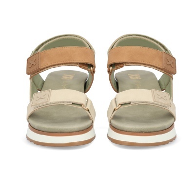 Sandálias com tiras bege e castanho com velcro e sola branca com base castanha