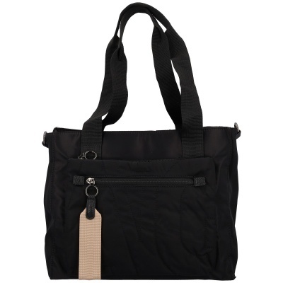 Mala de ombro preta em tecido sintético com bolso frontal e alças duplas