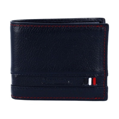 Carteira de pele preta com costura vermelha e detalhes coloridos