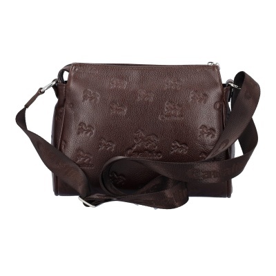 Mala de couro castanho com padrão de cavalos em relevo e alça castanha