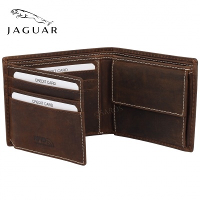 Carteira Jaguar de couro castanho com múltiplos compartimentos para cartões e moedas