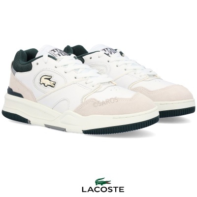 Ténis Lacoste branco com detalhes bege e pretos, logótipo crocodilo e texto LACOSTE