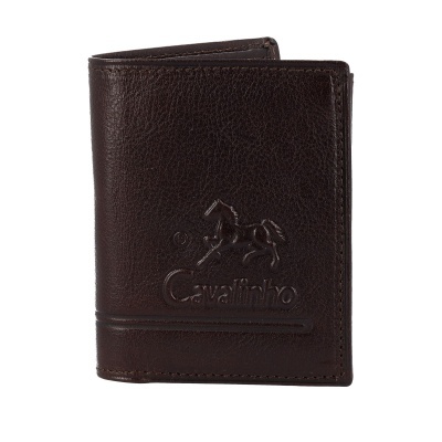 Carteira em couro castanho escuro com logo 'Cavalinho' em relevo
