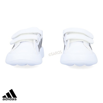 Sapatilhas infantis Adidas brancas com riscas pretas e fecho de velcro