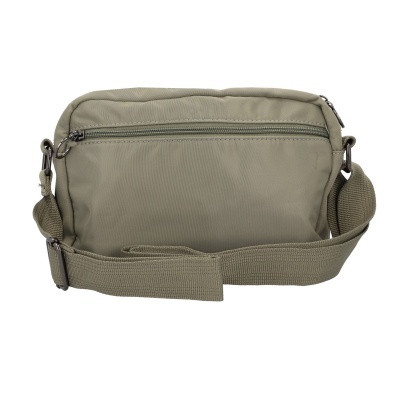 Mala cinza pequena em tecido sintético com fecho e alça ajustável