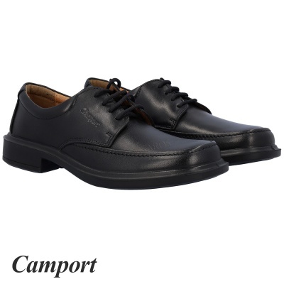 Sapatos de couro preto com atacadores e sola preta, marca Camport