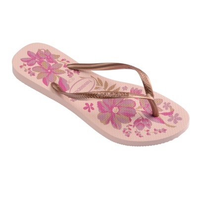 Chinelo rosa claro com padrão floral e tiras metálicas bronze