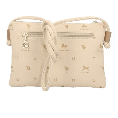 Mala de ombro bege com padrão de cavalos e fecho de correr