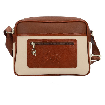 Bolsa tiracolo castanho claro e bege com bolso frontal e cavalo gravado