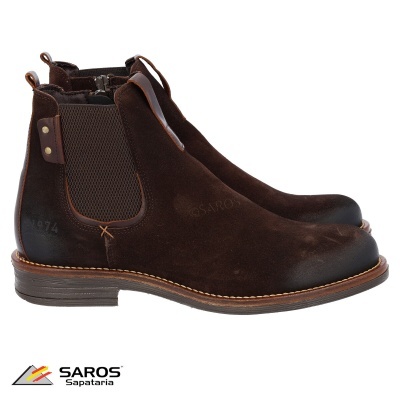 Botas Chelsea castanhas escuras em pele com detalhes em malha e costuras visíveis