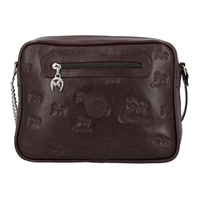 Mala de senhora castanha em pele com padrão de cavalos estampados