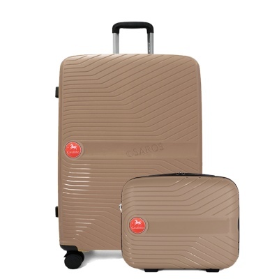 Conjunto de malas castanho claro com textura e etiquetas vermelhas