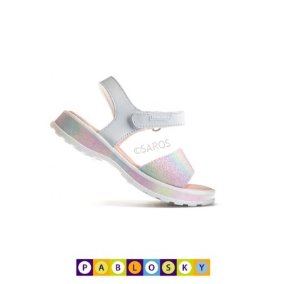 Sandália infantil branca com tecido brilhante multicolorido e sola branca