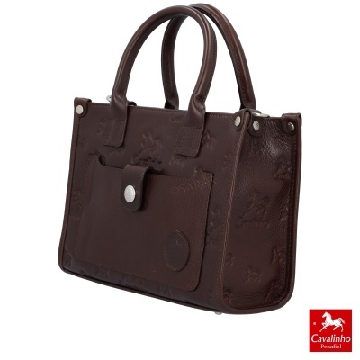 Mala de mão Cavalinho castanha em pele com padrão relevo e bolso frontal