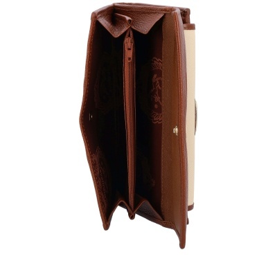 Carteira castanha de bolso aberta com divisória e fecho de correr